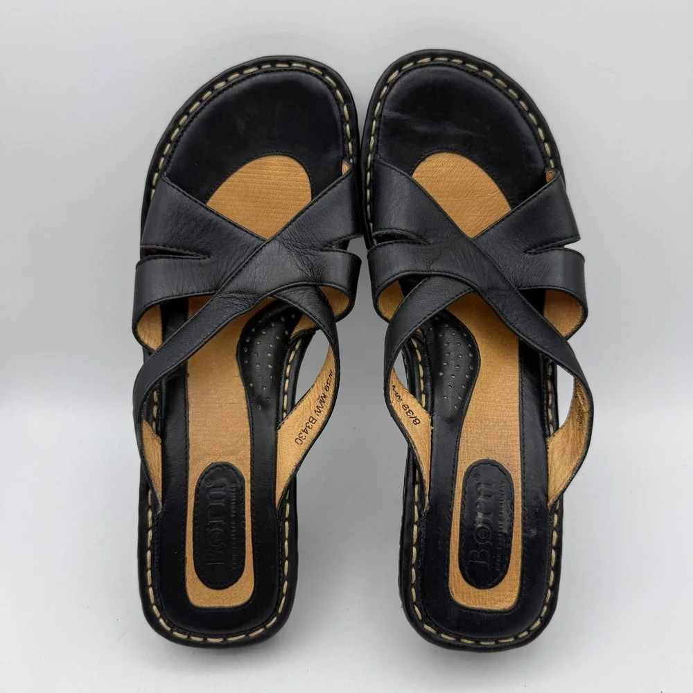 Born Wedge Sandals Women 8 Black Leather Crisscross Slide B3430 Casual